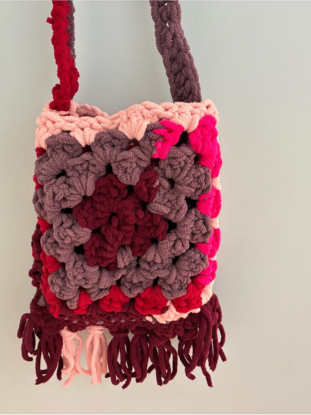 Handmade Crochet Crossbody Bag in Pink & Burgundy Tones